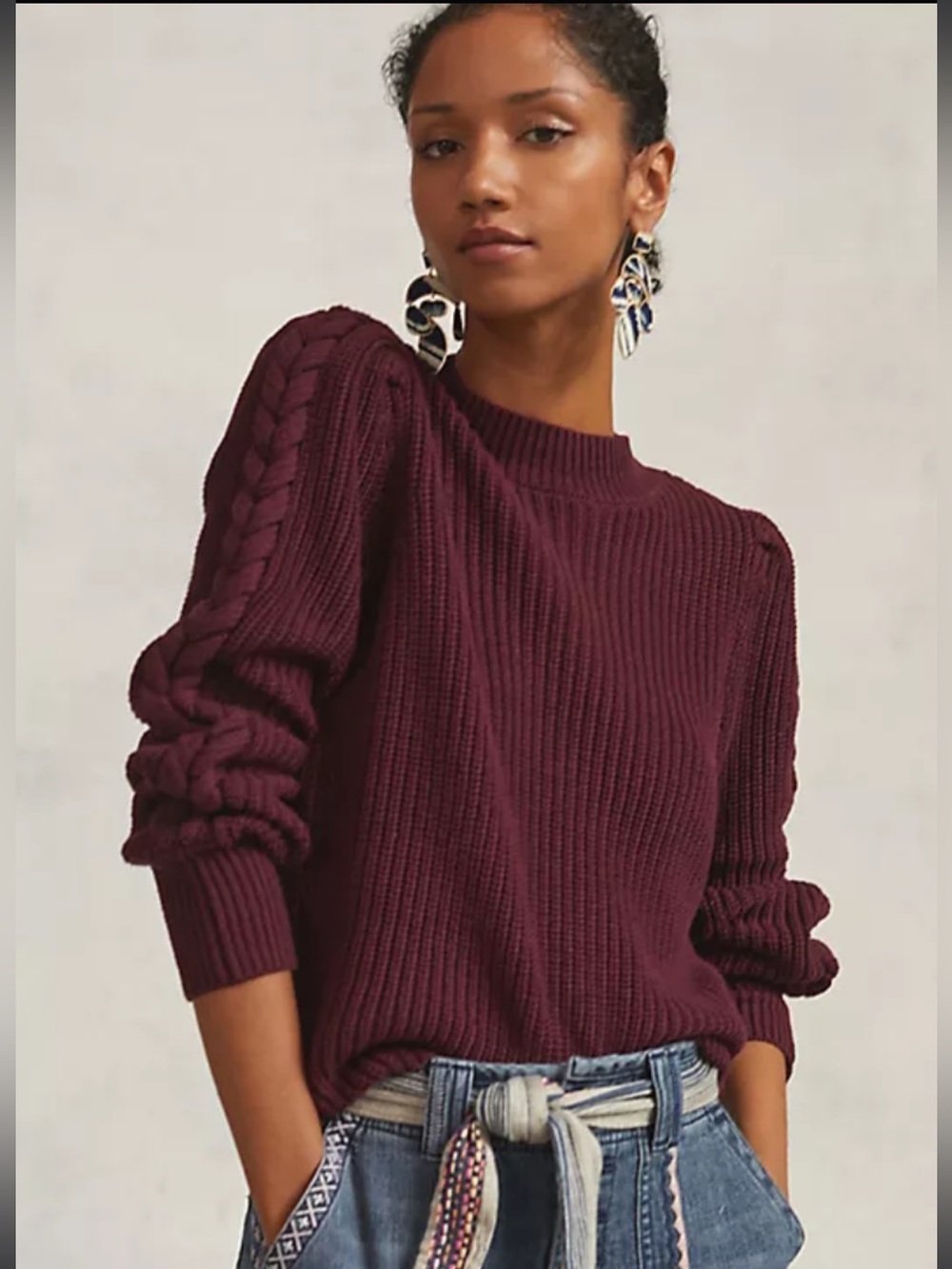New 525 Burgundy Cable-Shoulder Ribbed Crewneck Sweater.